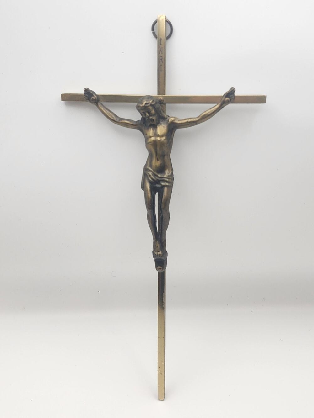 Vintage 10'' INRI Crucifix Cross Jesus Christ Wall Hanging Brass Bronze Catholic